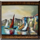 A03. Sailboats in harbor painting signed ”H. Larsons. Oil on canvas. Frame: 20”h x 24”w 
